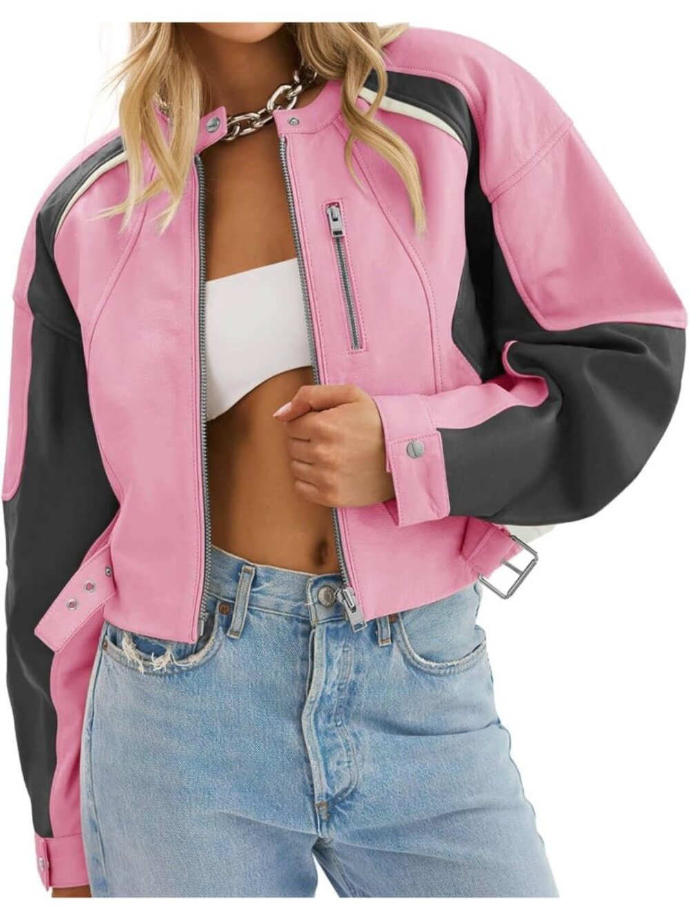 Women's Pink Faux Leather Comfortable Zip Up Color Block Casual Bomber Jackets